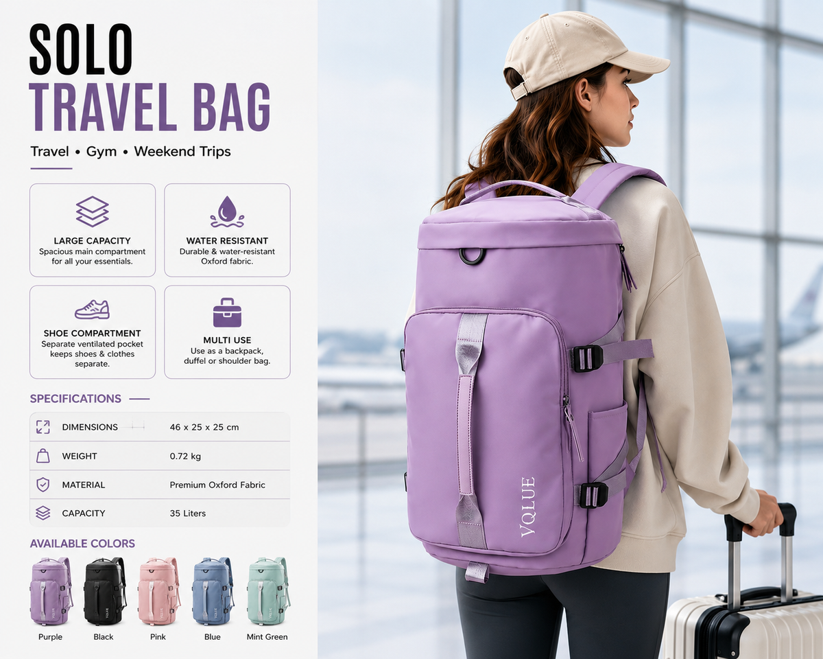 Solo Travel Bag 3-in-1 Travel Backpack with Shoe Compartment – Waterproof Gym & Weekend Bag
