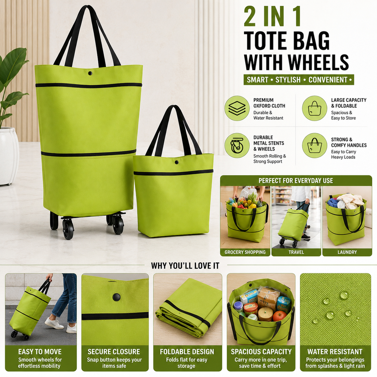 Foldable Rolling Shopping Bag with Wheels – Reusable Large Capacity Grocery Tote
