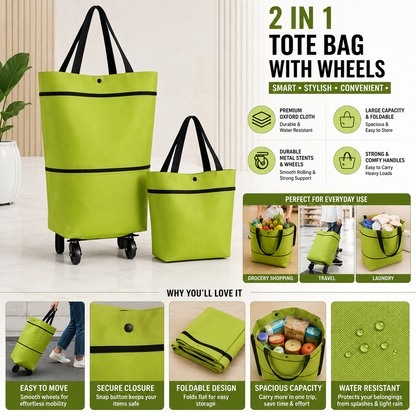 Foldable Rolling Shopping Bag with Wheels – Reusable Large Capacity Grocery Tote