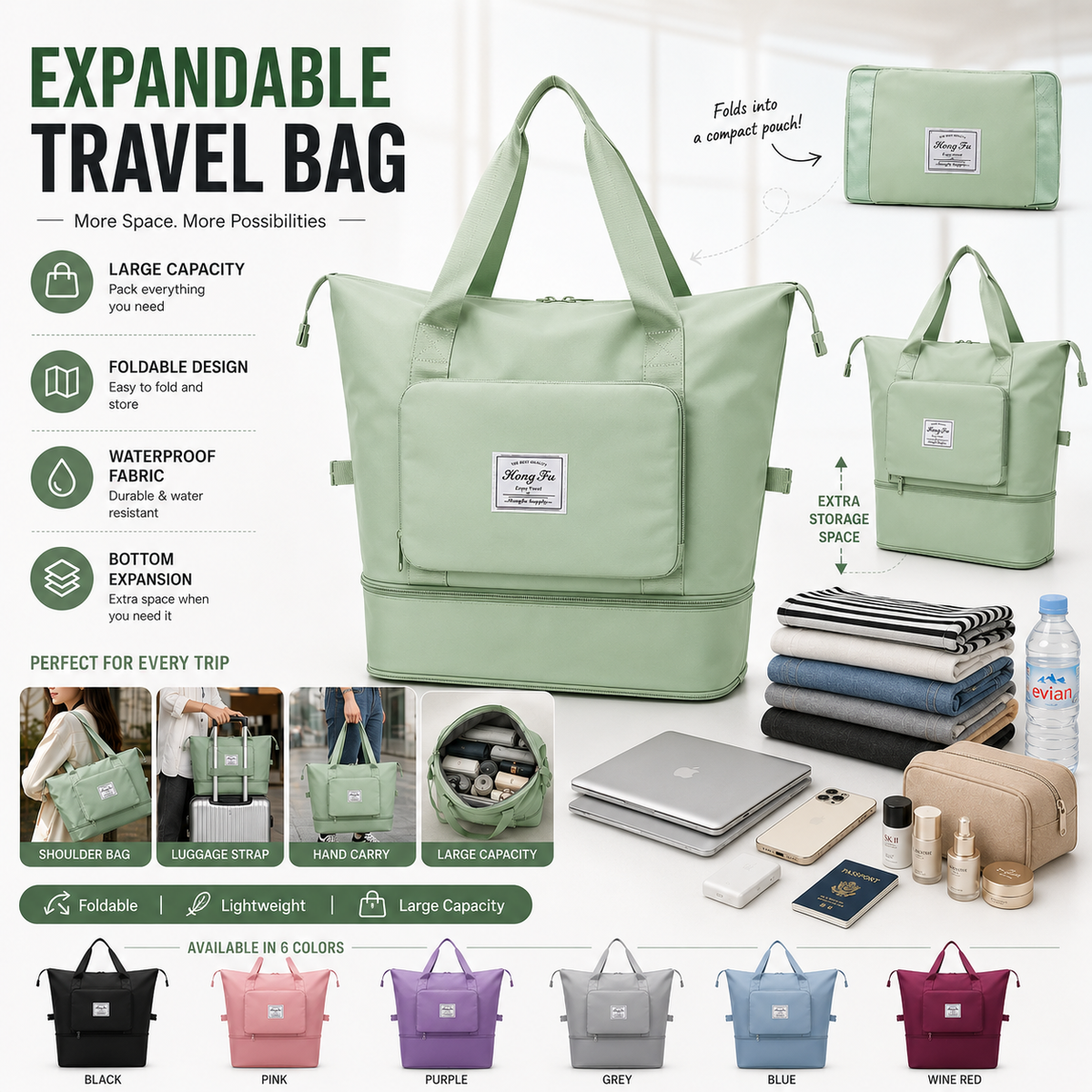 Extendable Travel Bag – Large Capacity Foldable Waterproof Luggage Bag with Dry & Wet Separation
