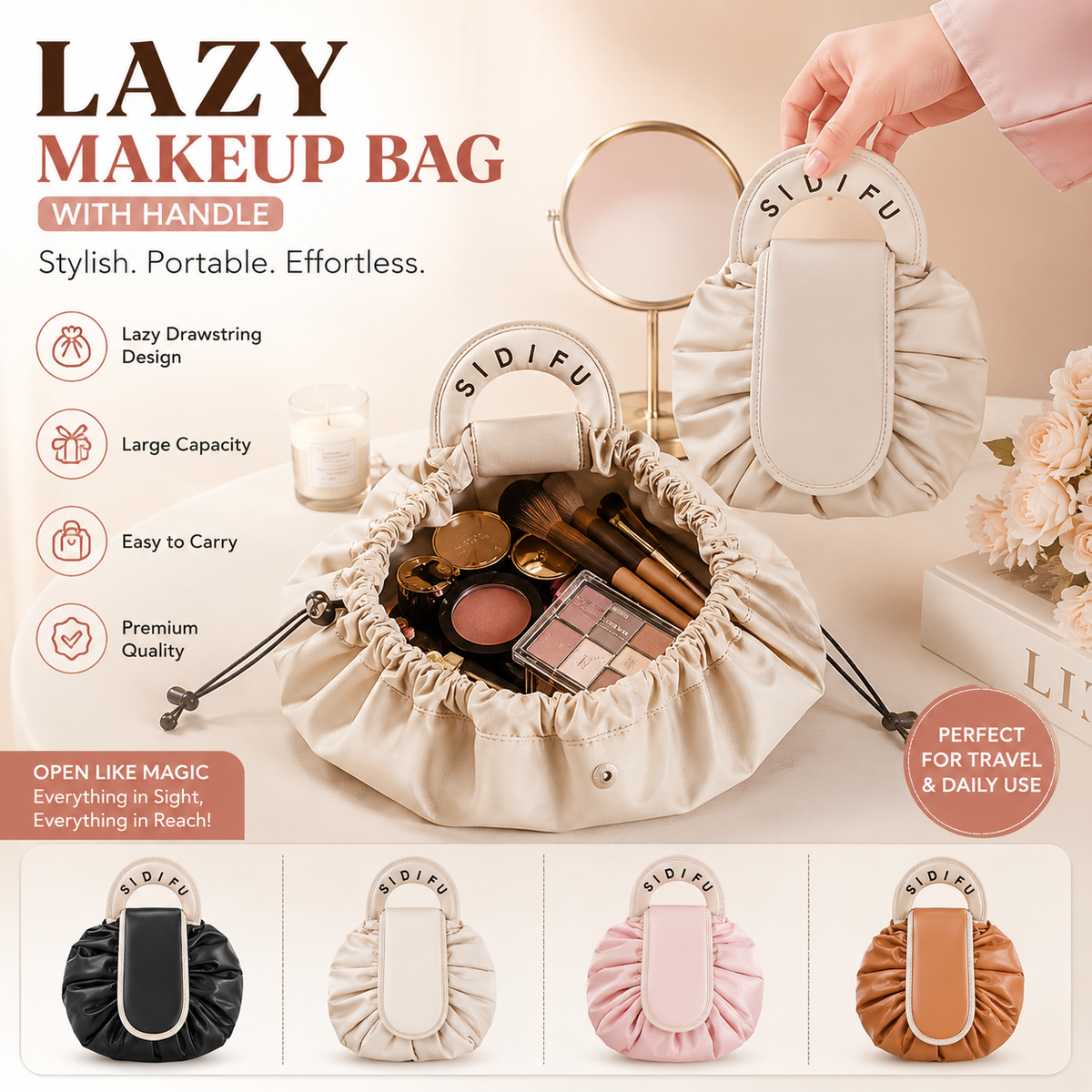 Lazy Makeup Bag with Handle – Drawstring Cosmetic Pouch for Women & Girls