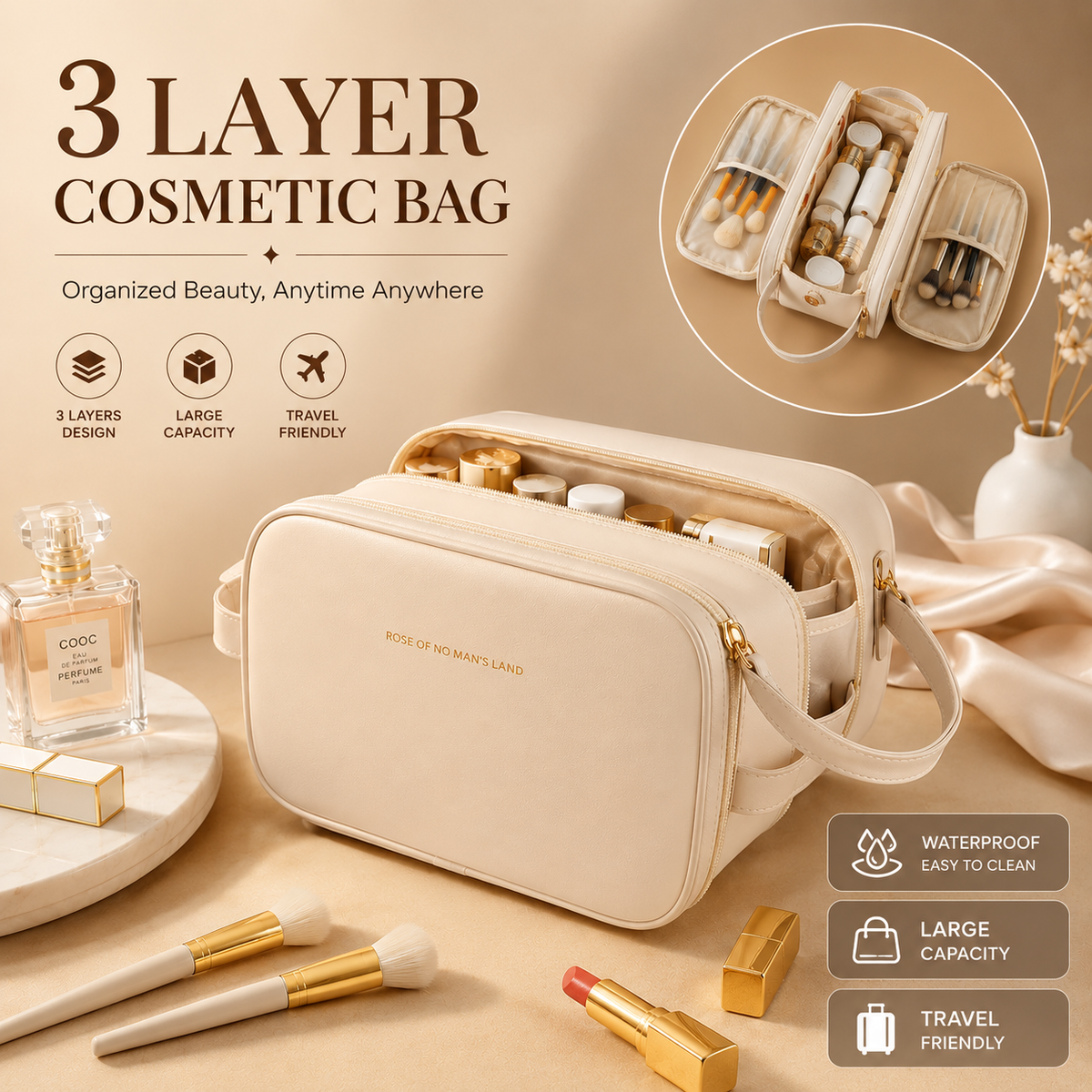 3 Layer Cosmetic Bag – Large Capacity Travel Makeup Organizer with Double Zipper