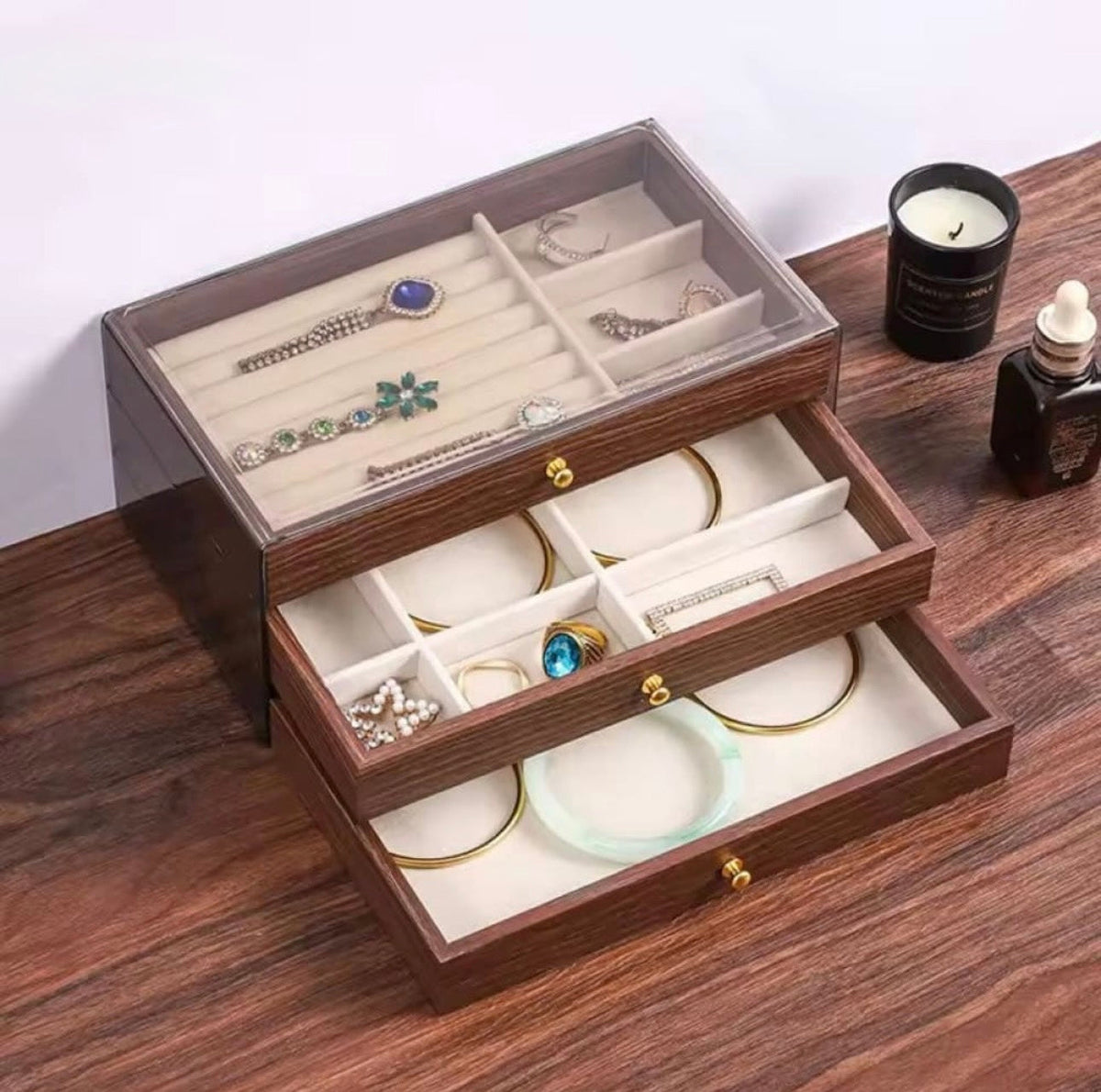 Luxury 3-Layer Wooden Jewelry Organizer Box with Glass Display & Velvet Compartments – Image 4
