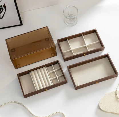 Luxury 3-Layer Wooden Jewelry Organizer Box with Glass Display & Velvet Compartments – Image 3
