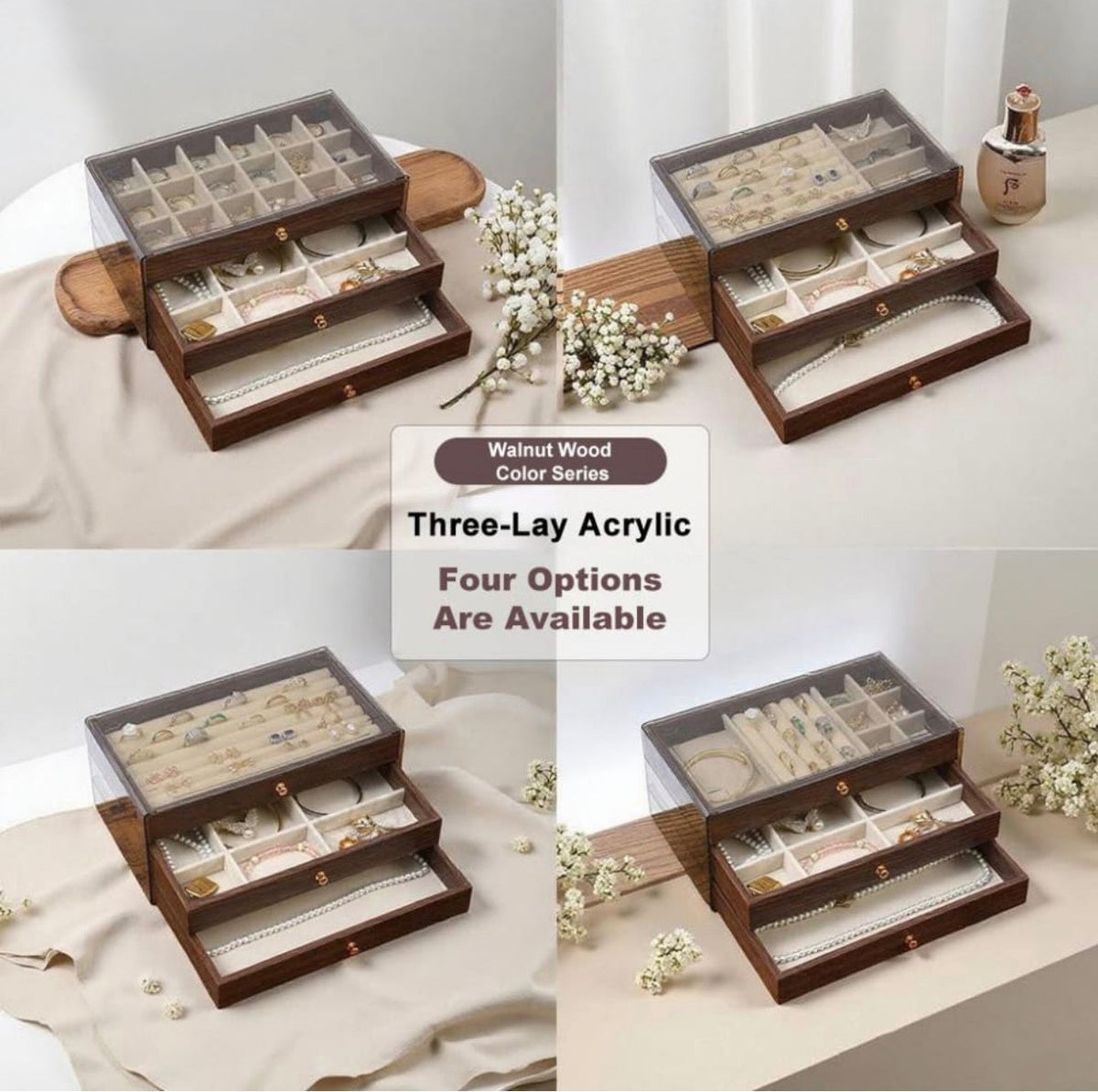 Luxury 3-Layer Wooden Jewelry Organizer Box with Glass Display & Velvet Compartments – Image 2