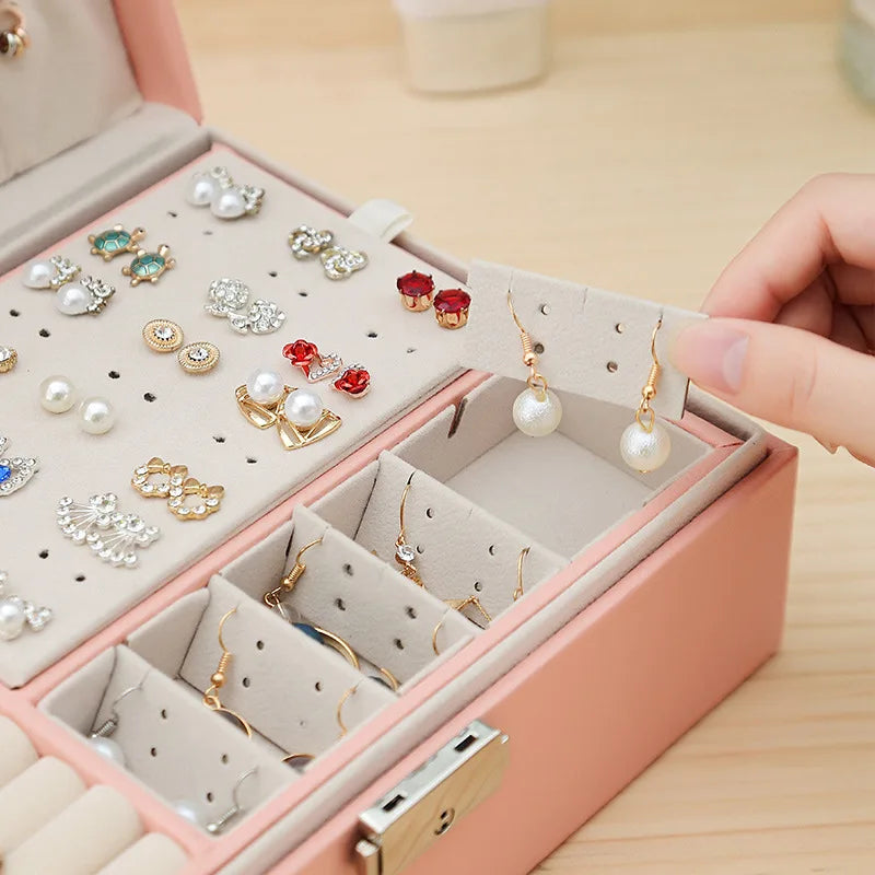 Double Layer Jewelry Organizer Box Lockable Cosmetic Storage Case - Image 7