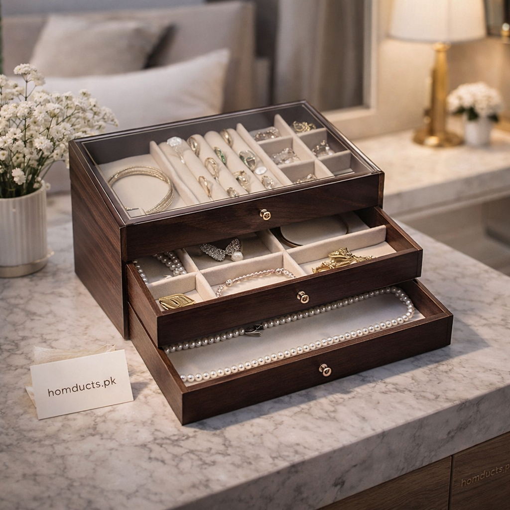 Luxury 3-Layer Wooden Jewelry Organizer Box with Glass Display & Velvet Compartments