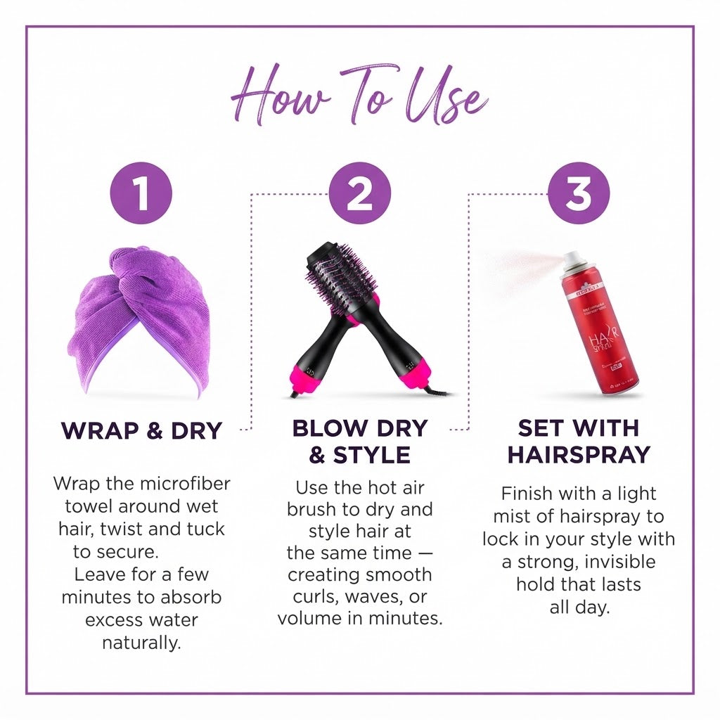 Shenish™ Hot Air Brush + Hair Towel + FREE Hairspray