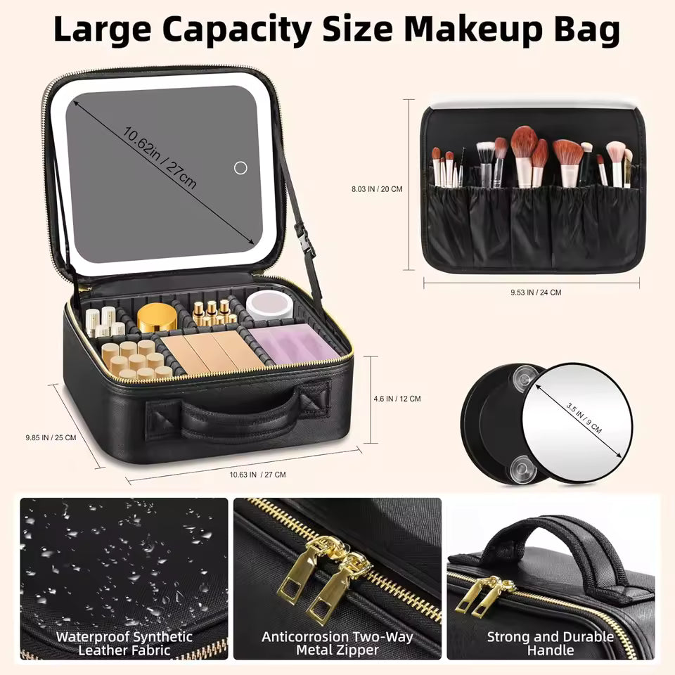 Large Capacity LED Makeup Bag with Mirror – Portable Cosmetic Organizer Case - Image 2
