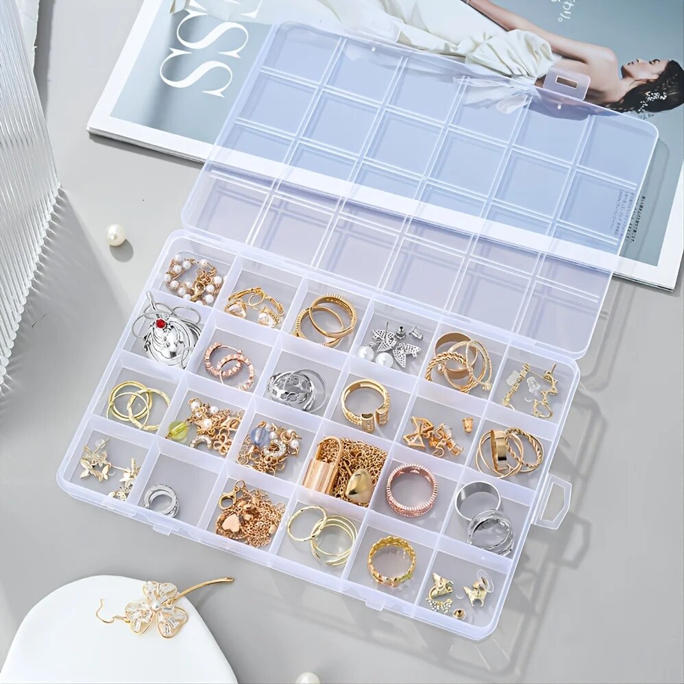 24-Grid Transparent Plastic Storage Box | Multi-Use Organizer for Jewelry, Beads, Nail Art & Pills