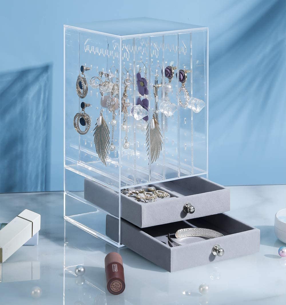 Velvet Acrylic Earring Holder & Jewelry Organizer – 3 Slide-Out Panels & 2 Drawers – Image 2
