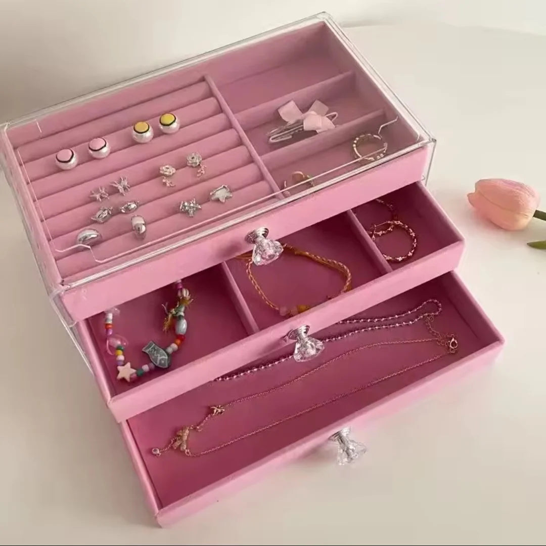 Shenish™ Luxe Vanity Box – 3-Layer Velvet Jewellery Organizer | Rings, Chains & Earrings