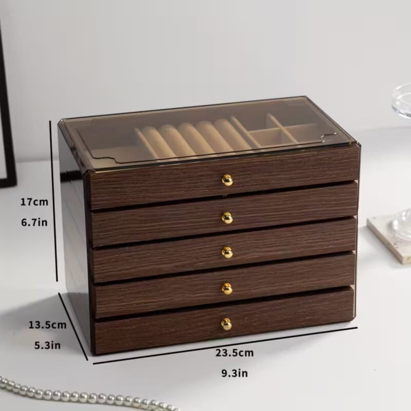 Premium 5-Tier Wooden Jewelry Organizer Box – Transparent Lid & Velvet Drawers – Image 3