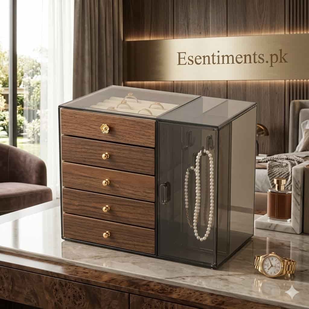 Premium 5-Drawer Wooden Jewelry Organizer with Side Necklace Cabinet – Image 3