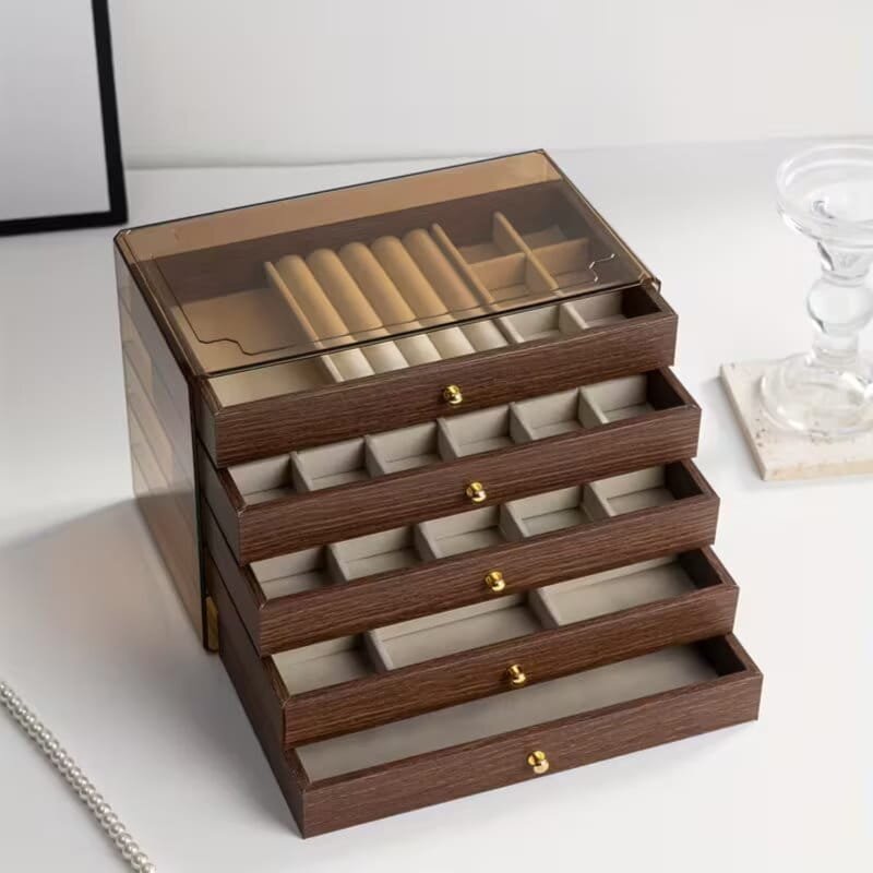Premium 5-Tier Wooden Jewelry Organizer Box – Transparent Lid & Velvet Drawers – Image 2