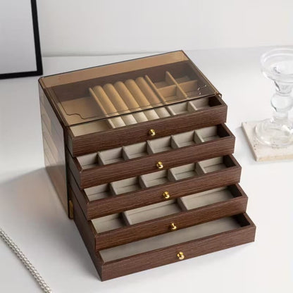 Premium 5-Tier Wooden Jewelry Organizer Box – Transparent Lid & Velvet Drawers – Image 2