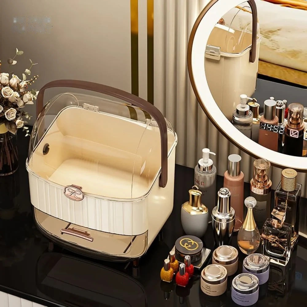 LUXORMOVE Dustproof Desktop Makeup Organizer with Lid & Drawers – Skincare & Cosmetic Storage Box