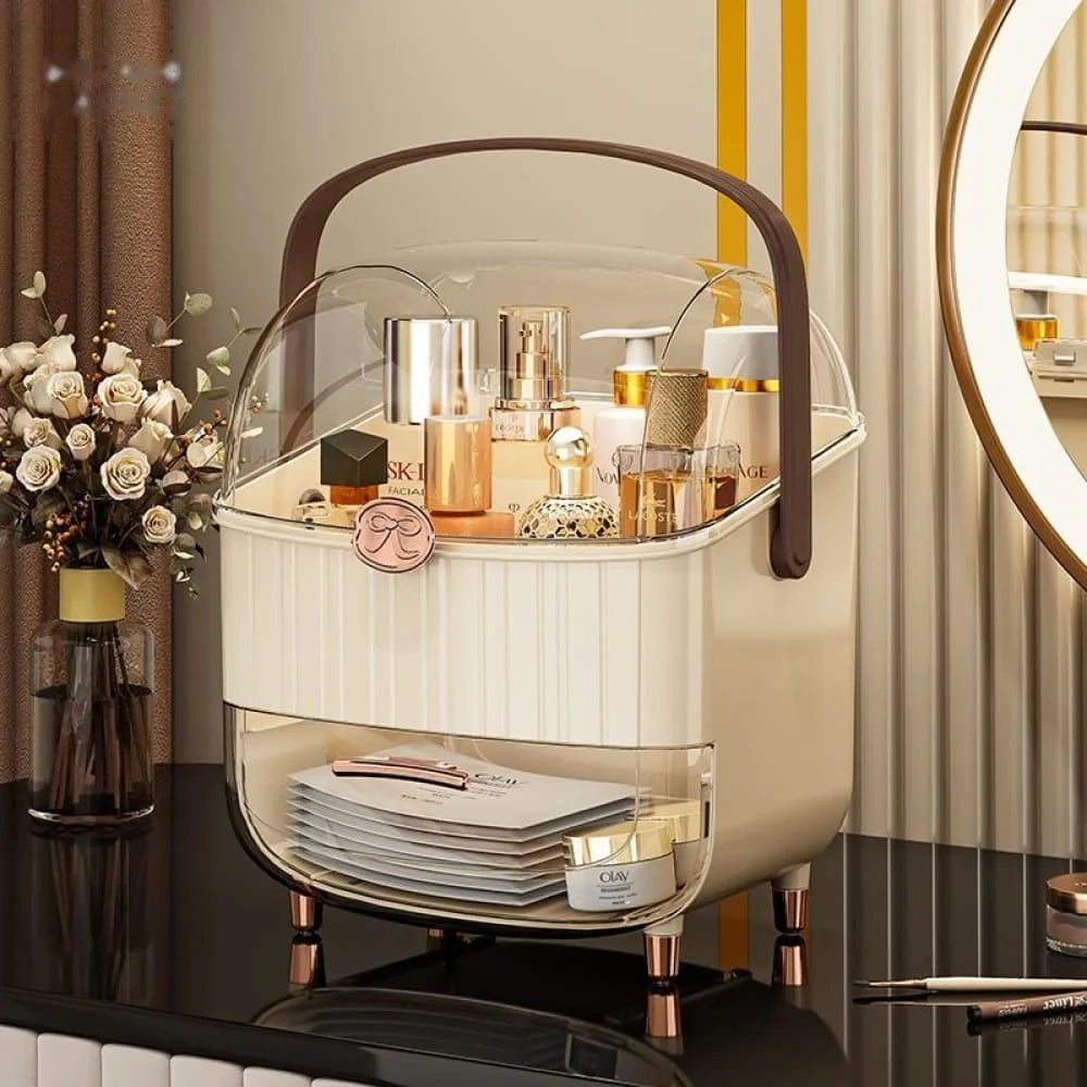 LUXORMOVE Dustproof Desktop Makeup Organizer with Lid & Drawers – Skincare & Cosmetic Storage Box