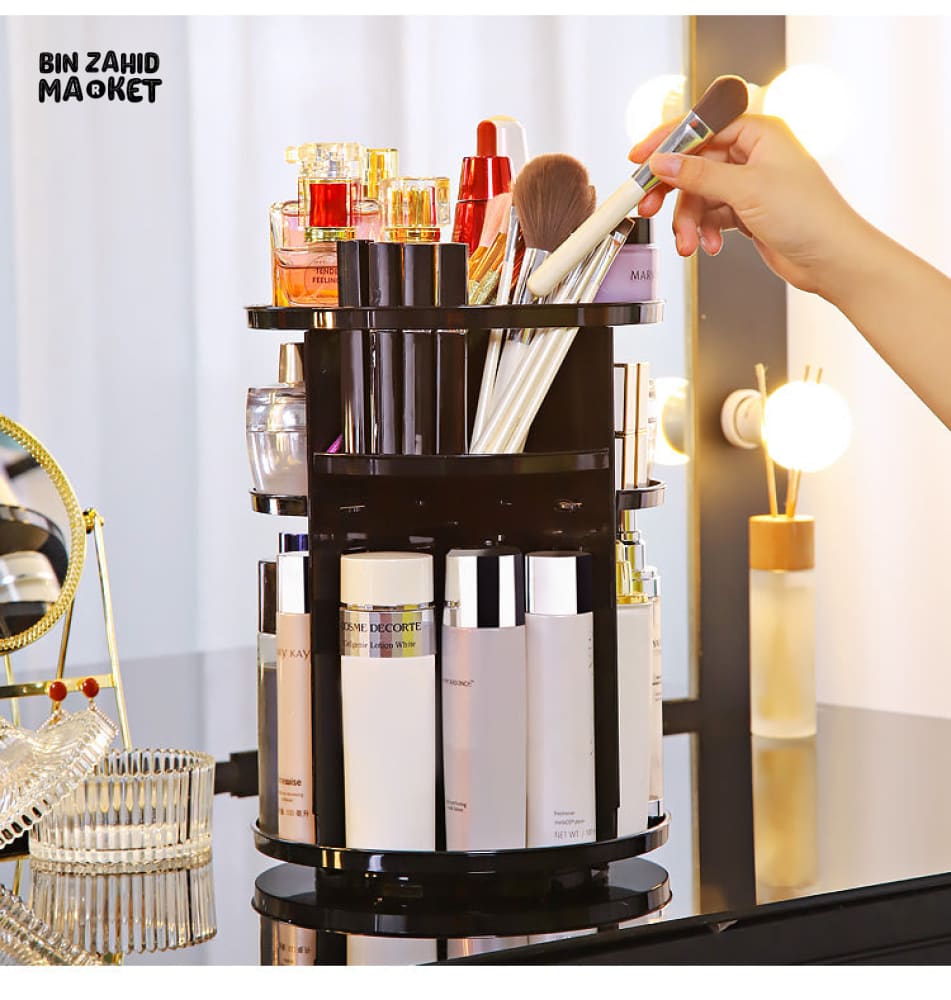 360° Rotating Cosmetic Organizer – Sleek Black Makeup Storage Carousel – Image 3