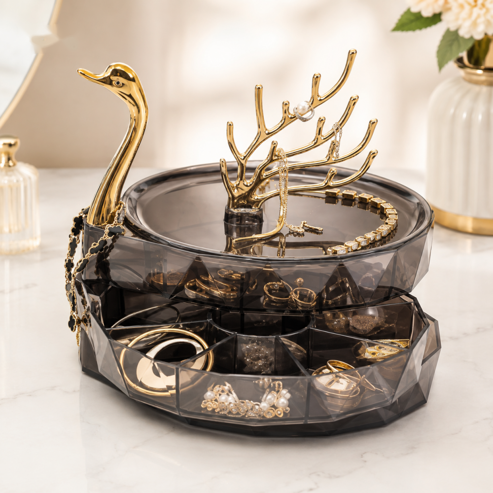 Rotating Jewelry Organizer with Deer & Swan Holders – Multi-Level Vanity Display Stand