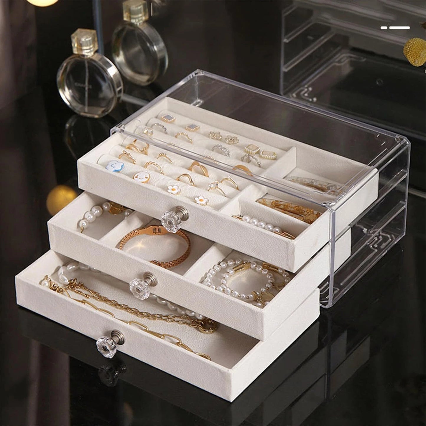 Shenish™ Luxe Vanity Box – 3-Layer Velvet Jewellery Organizer | Rings, Chains & Earrings