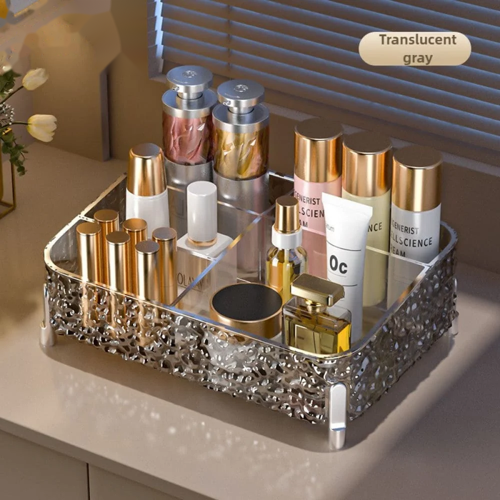 Vanity Desktop Makeup Organizer – Clear Divided Cosmetic Box with Lipstick & Brush Compartments