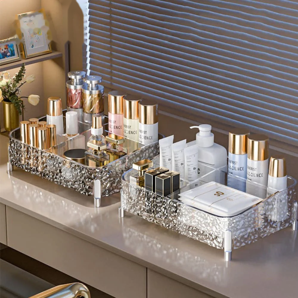 Vanity Desktop Makeup Organizer – Clear Divided Cosmetic Box with Lipstick & Brush Compartments