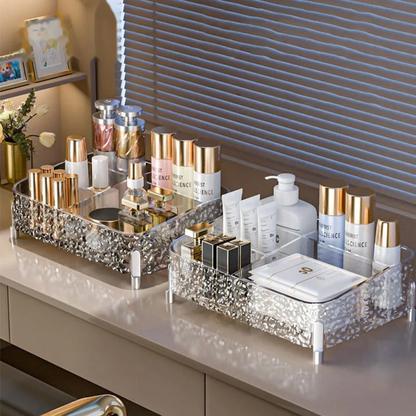 Vanity Desktop Makeup Organizer – Clear Divided Cosmetic Box with Lipstick & Brush Compartments