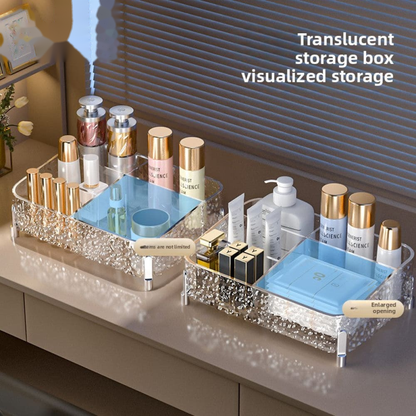 Vanity Desktop Makeup Organizer – Clear Divided Cosmetic Box with Lipstick & Brush Compartments