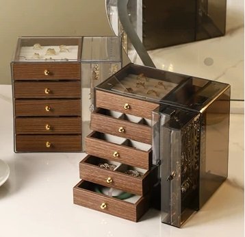 Premium 5-Drawer Wooden Jewelry Organizer with Side Necklace Cabinet