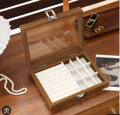 Premium Wooden Jewelry Display Box – Glass Lid, Velvet Ring Rolls & 9-Grid Storage – Image 4