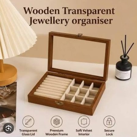 Premium Wooden Jewelry Display Box – Glass Lid, Velvet Ring Rolls & 9-Grid Storage